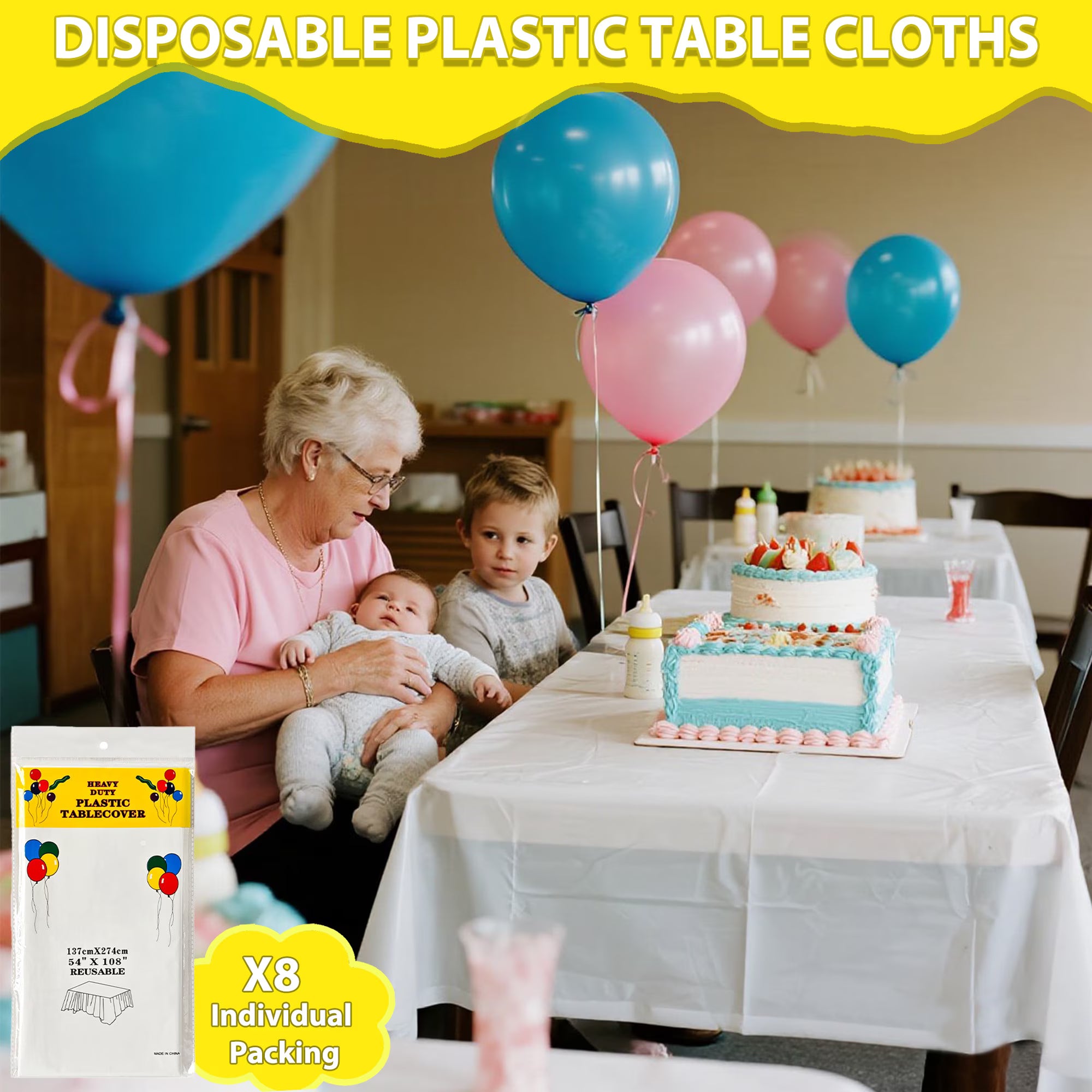 Mitzzllc Plastic Table Cloth Disposable 8 Pack,54 x 108 Inch Leakproof & Sturdy Decorative Tablecloths,Waterproof White Rectangle Table Cover