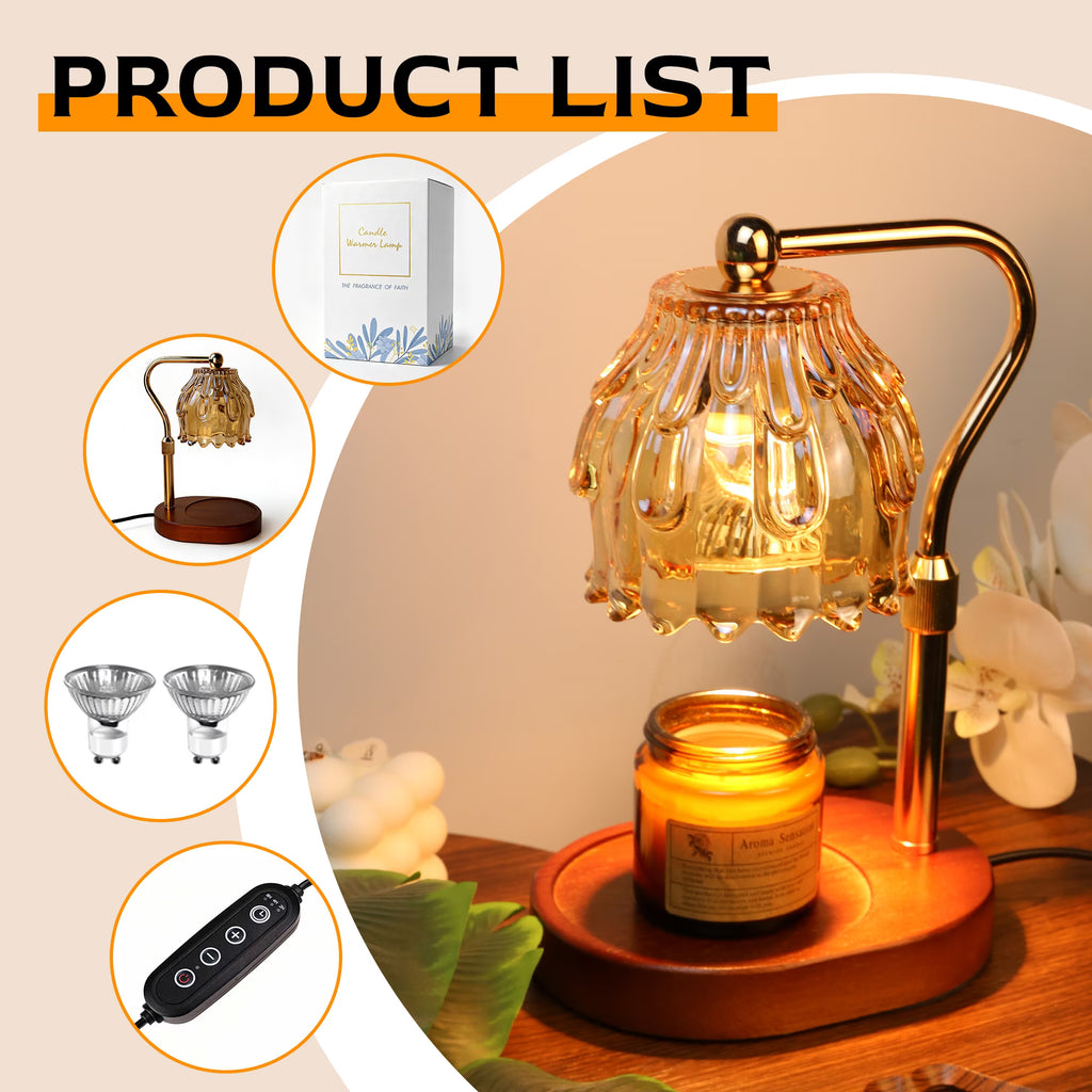 Mitzzllc Candle Warmer Lamp with Timer & Dimmer,Adjustable Height,Flower Glass Shade,Fits Most Jar Candles,Bedroom Decor & Gift for Women,Includes 2 Bulbs