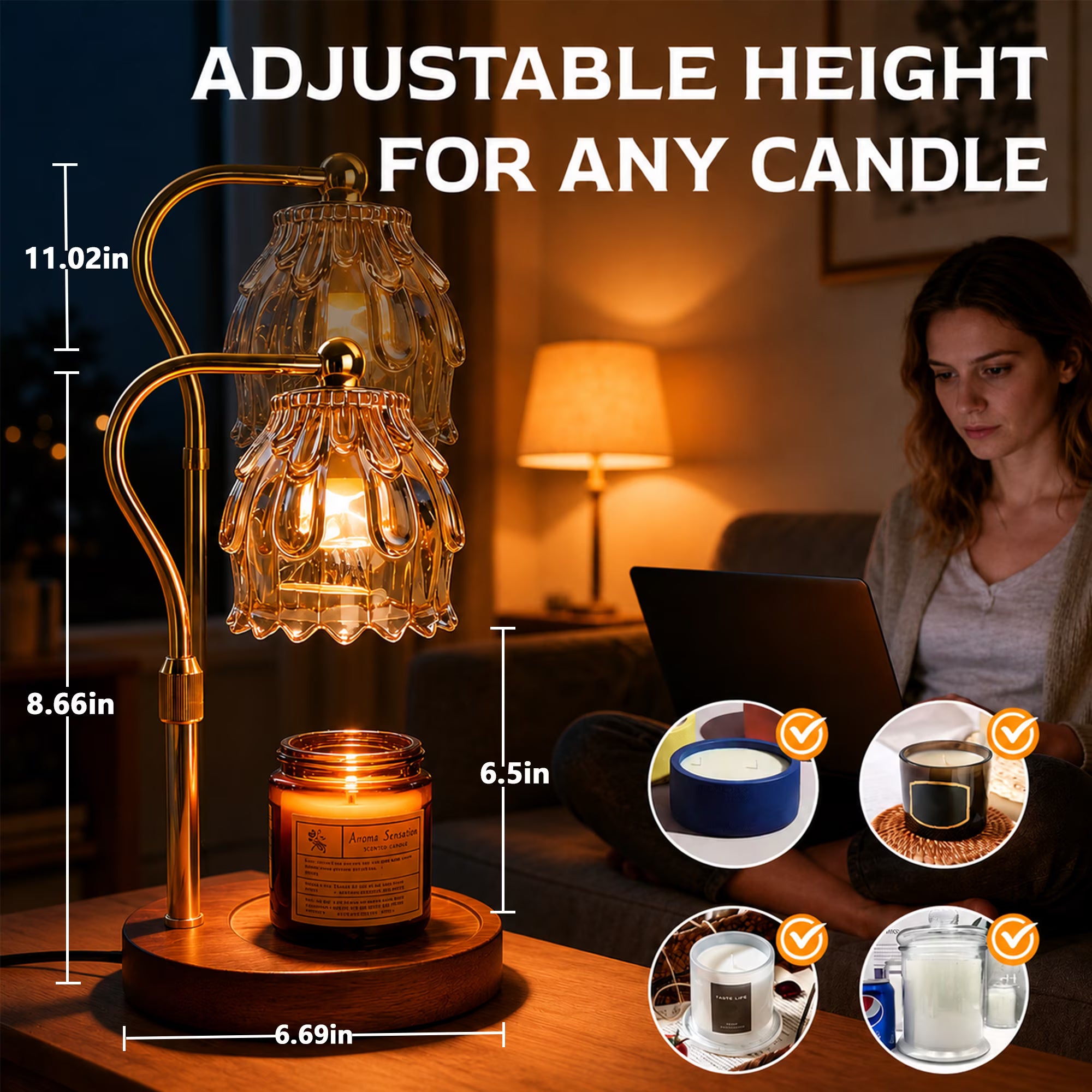 Mitzzllc Candle Warmer Lamp with Timer & Dimmer,Adjustable Height,Flower Glass Shade,Fits Most Jar Candles,Bedroom Decor & Gift for Women,Includes 2 Bulbs