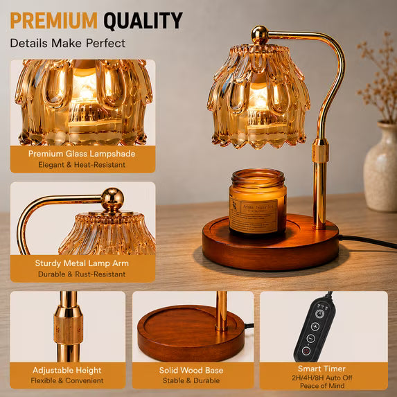 Mitzzllc Candle Warmer Lamp with Timer & Dimmer,Adjustable Height,Flower Glass Shade,Fits Most Jar Candles,Bedroom Decor & Gift for Women,Includes 2 Bulbs