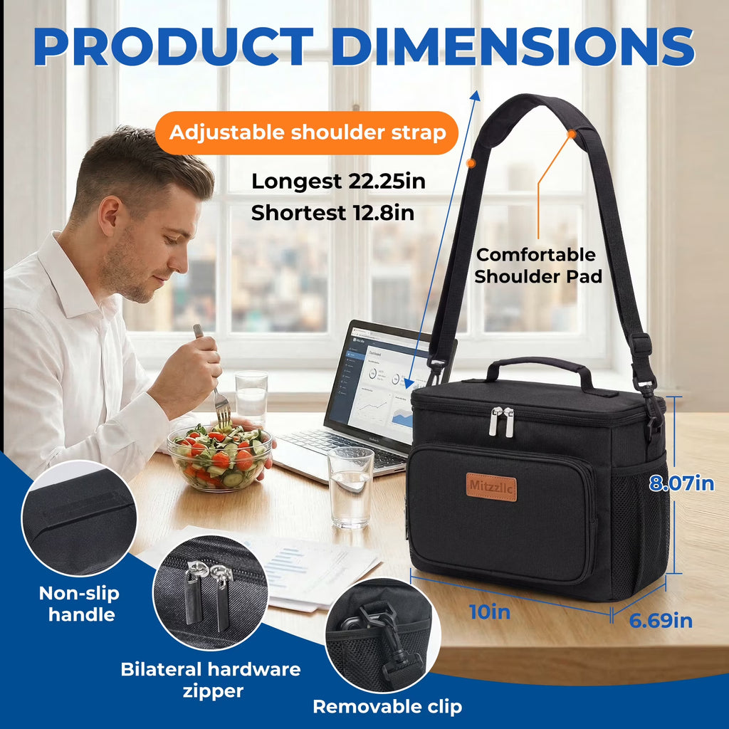 Mitzzllc Insulated Lunch Boxes for Men,Leakproof Lunch Cooler Bag,Large Capacity Reusable Adult Lunch Box for Work,Office and Travel,Thermal Lunch Tote with Adjustable Shoulder Strap.